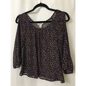 Arizona Jeans Co Sheer Peasant Top XS Open Sleeves Navy Blue Floral Print A6